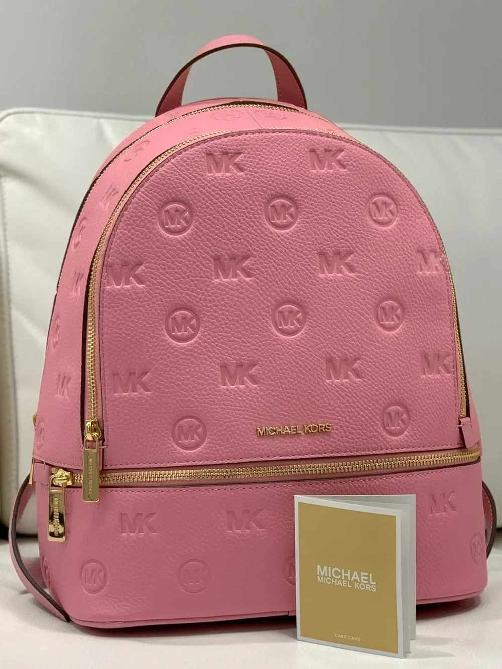 Michael Kors Rhea Carnation Medium Leather Backpack with Gold Hardware